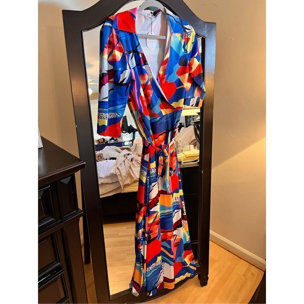 Locryz V Neck 3/4 Sleeve African Floral Printed Party Maxi Dress Belt M